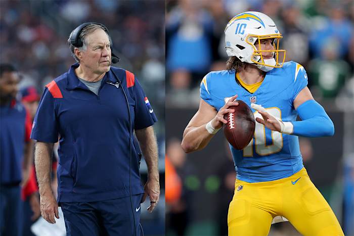 New England Patriots coach Bill Belichick (left) and Los Angeles Chargers quarterback Justin Herbert (right).